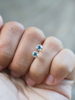 Real Blue Sapphire Flower Earrings Studs in Silver