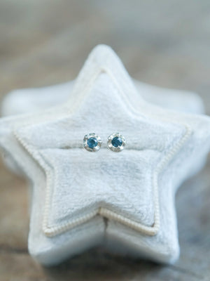 Real Blue Sapphire Flower Stud Earrings