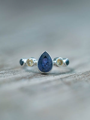 Recycled Sterling Silver Purple Spotted Sapphire, Citrine and Black Spinel Ring