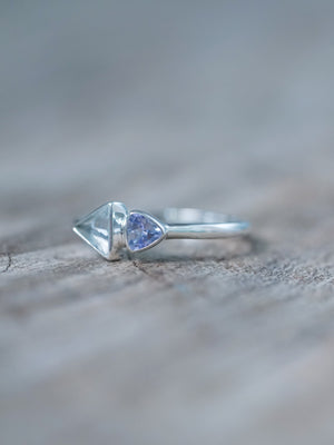 Recycled sterling silver Triangle Aquamarine and Tanzanite Ring in bezel settings