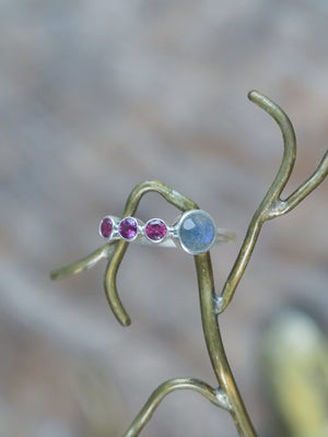Rose Cut Labradorite and Garnet Ring in recycled sterling silver