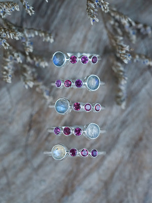 Rose Cut Labradorite and Garnet Rings in sterling silver