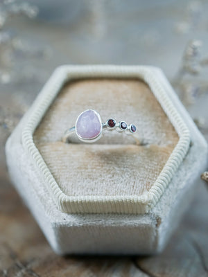 Rose Cut Sapphire and Garnet Ring in recycled sterling silver