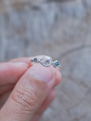 Rose Cut Tourmaline, Garnet, and Blue Topaz Ring in recycled sterling silver