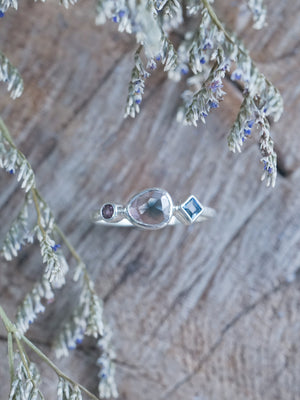 Rose Cut Tourmaline, Garnet, and Blue Topaz Ring in sterling silver