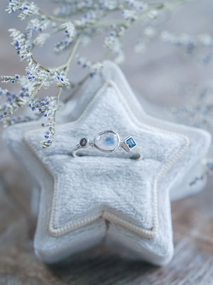 Rose Cut Tourmaline, Garnet, and Blue Topaz Ring in velvet box