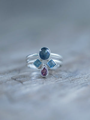 Sapphire, Topaz and Garnet Ring Set in recycled sterling silver US size 4.25