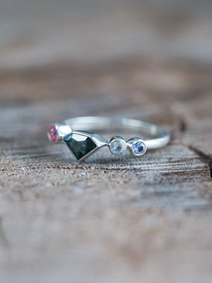 Shield Sapphire and Moonstone Ring