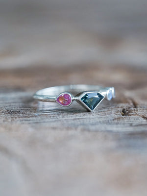 Shield Sapphire and Moonstone Ring