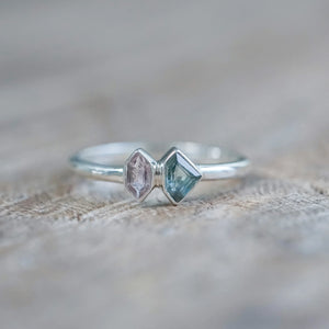 Shield Sapphire and Hexagon Tourmaline Ring Sterling Silver