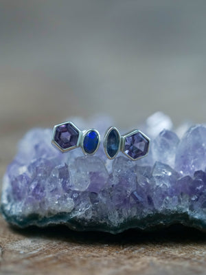 Sterling Silver Mismatched Amethyst, Tanzanite, and Opal Stud Earrings