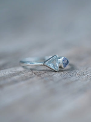 Sterling silver Triangle Aquamarine and Tanzanite Ring in bezel settings