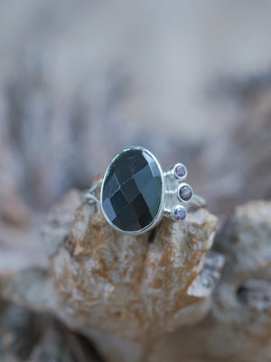 The Black Onyx and 3 Purple Spinel Ring in Recycled sterling silver