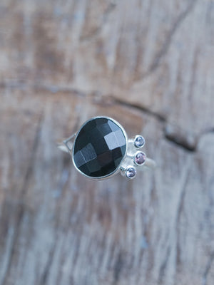 The Black Onyx and Purple Spinel Ring in Recycled sterling silver