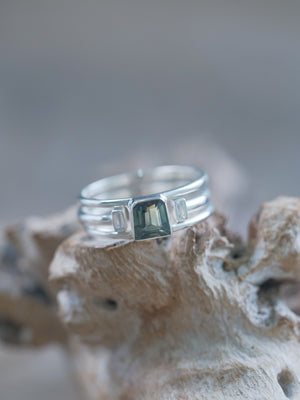 The Green Sapphire and Zircon Ring Set using recycled sterling silver