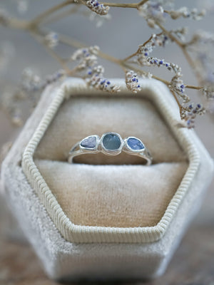 Three Stone Raw Blue Sapphire Ring in velvet box