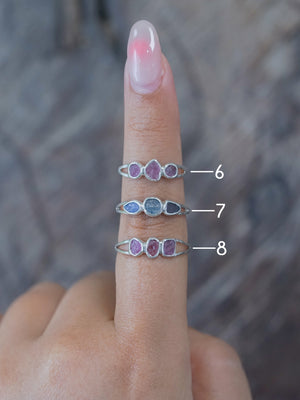 Three Stone Raw Sapphire Ring available sizes