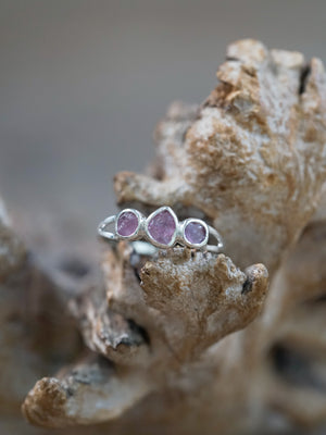 Three Stone Raw Sapphire Ring in recycled sterling silver