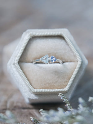 Triangle Aquamarine and Tanzanite Ring in recycled sterling silver