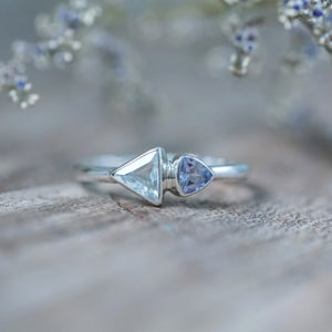 Triangle Aquamarine and Tanzanite Ring in sterling silver