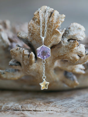 Unique Hexagon Amethyst and Star Citrine Necklace in sterling silver
