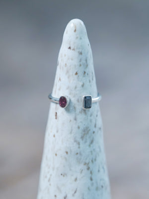 Unique Open Ruby and Sapphire Ring in sterling silver