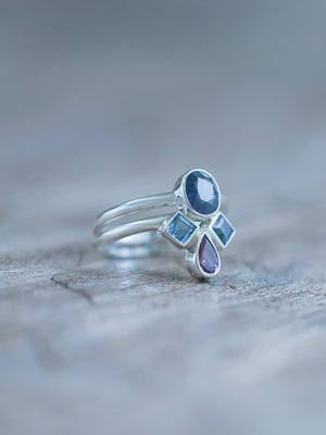 Unique Sapphire, Topaz and Garnet Ring Set in recycled sterling silver
