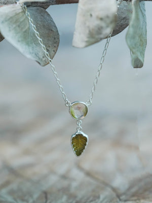 Watermelon Tourmaline and Leaf Tourmaline Necklace in silver