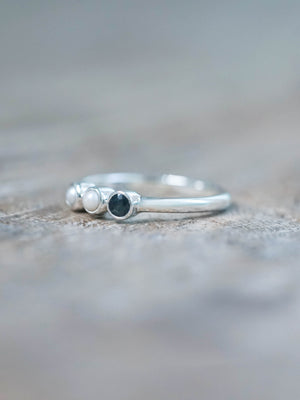 White Pearl and Blue Sapphire Ring in Silver