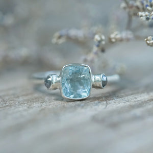 Aquamarine and Salt and Pepper Diamond Ring