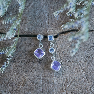 Mismatched Dangling Amethyst and Tanzanite Earrings - Gardens of the Sun | Ethical Jewelry
