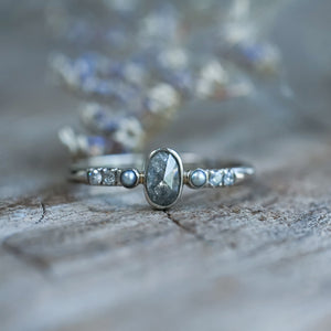 Salt and Pepper Diamond and Pearl Ring in White Gold - Ethical Jewelry | Gardens of the Sun