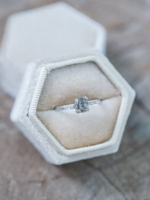 Cushion Cut Salt and Pepper Diamond Ring in White Gold - Gardens of the Sun | Ethical Jewelry