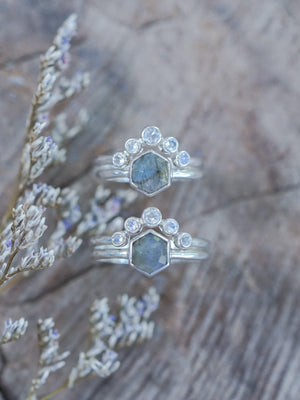 Hexagon Labradorite and Moonstone Ring Set - Gardens of the Sun | Ethical Jewelry