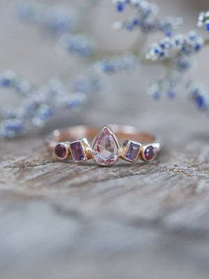 Blush Sapphire and Garnet Ring in Ethical Rose Gold - Gardens of the Sun | Ethical Jewelry