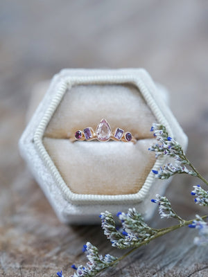 Blush Sapphire and Garnet Ring in Ethical Rose Gold - Gardens of the Sun | Ethical Jewelry