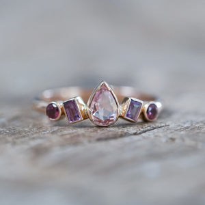 Blush Sapphire and Garnet Ring in Ethical Rose Gold - Gardens of the Sun | Ethical Jewelry