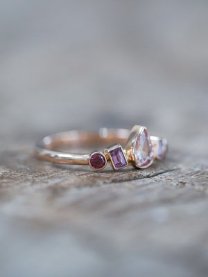 Blush Sapphire and Garnet Ring in Ethical Rose Gold - Gardens of the Sun | Ethical Jewelry