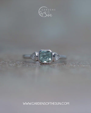 Green Sapphire and Triangle Diamond Ring in Ethical White Gold - Gardens of the Sun Jewelry