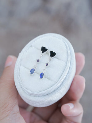 Dark Matter Spinel, Amethyst and Opal Earrings - Gardens of the Sun | Ethical Jewelry