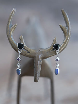 Dark Matter Spinel, Amethyst and Opal Earrings - Gardens of the Sun | Ethical Jewelry