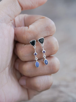 Dark Matter Spinel, Amethyst and Opal Earrings - Gardens of the Sun | Ethical Jewelry