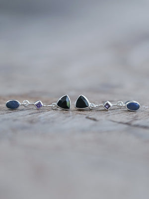 Dark Matter Spinel, Amethyst and Opal Earrings - Gardens of the Sun | Ethical Jewelry
