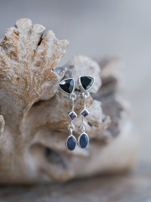 Dark Matter Spinel, Amethyst and Opal Earrings - Gardens of the Sun | Ethical Jewelry