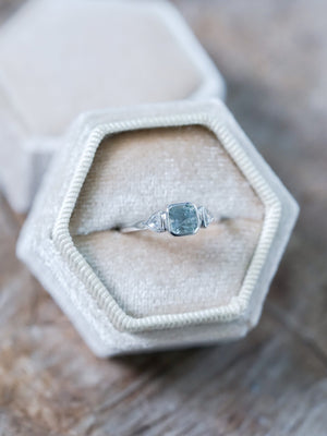 Green Sapphire and Triangle Diamond Ring in Ethical White Gold - Gardens of the Sun | Ethical Jewelry