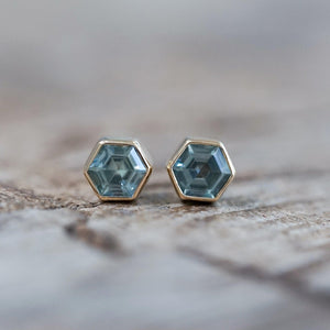 Hexagon Montana Sapphire Earrings in Ethical Gold - Gardens of the Sun | Ethical Jewelry