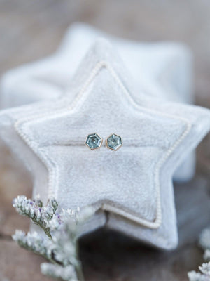 Hexagon Montana Sapphire Earrings in Ethical Gold - Gardens of the Sun | Ethical Jewelry