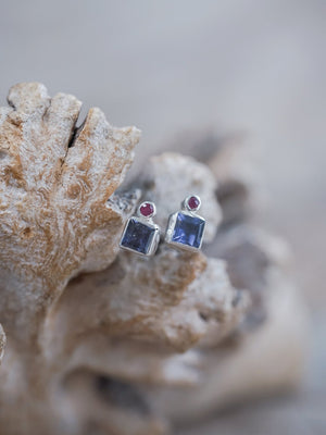 Iolite and Ruby Earrings - Gardens of the Sun | Ethical Jewelry