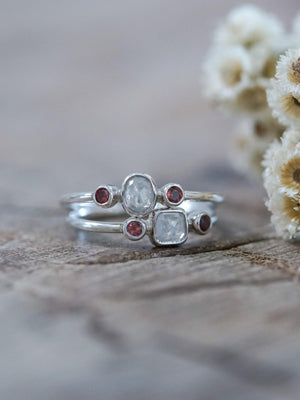 Milky Diamond and Garnet Ring - Gardens of the Sun | Ethical Jewelry