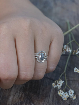 Rose Cut Oval Diamond Ring Set in Silver with Hexagon Bands - Gardens of the Sun | Ethical Jewelry